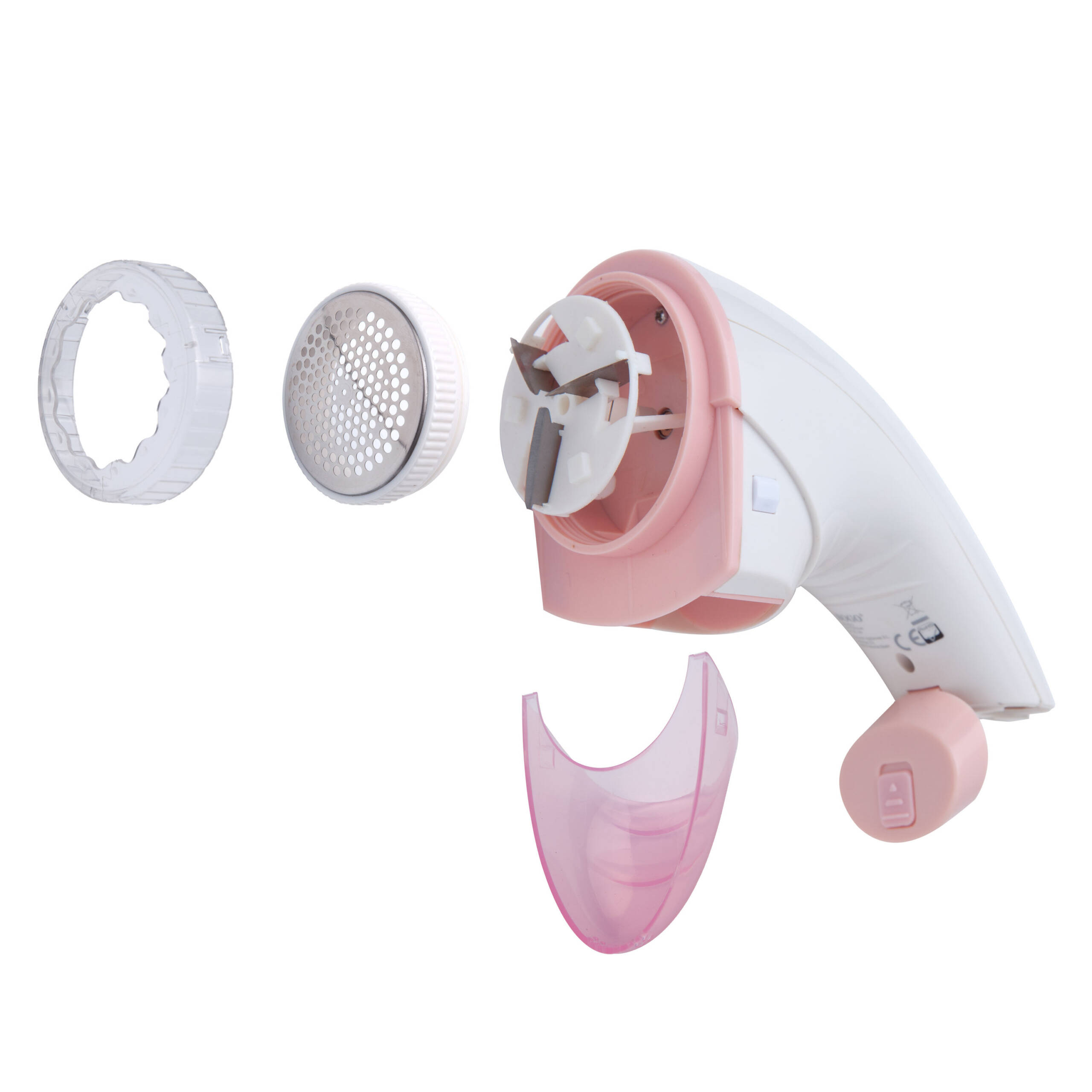 Un levapelucchi elettrico smontato in bianco e rosa su sfondo bianco.