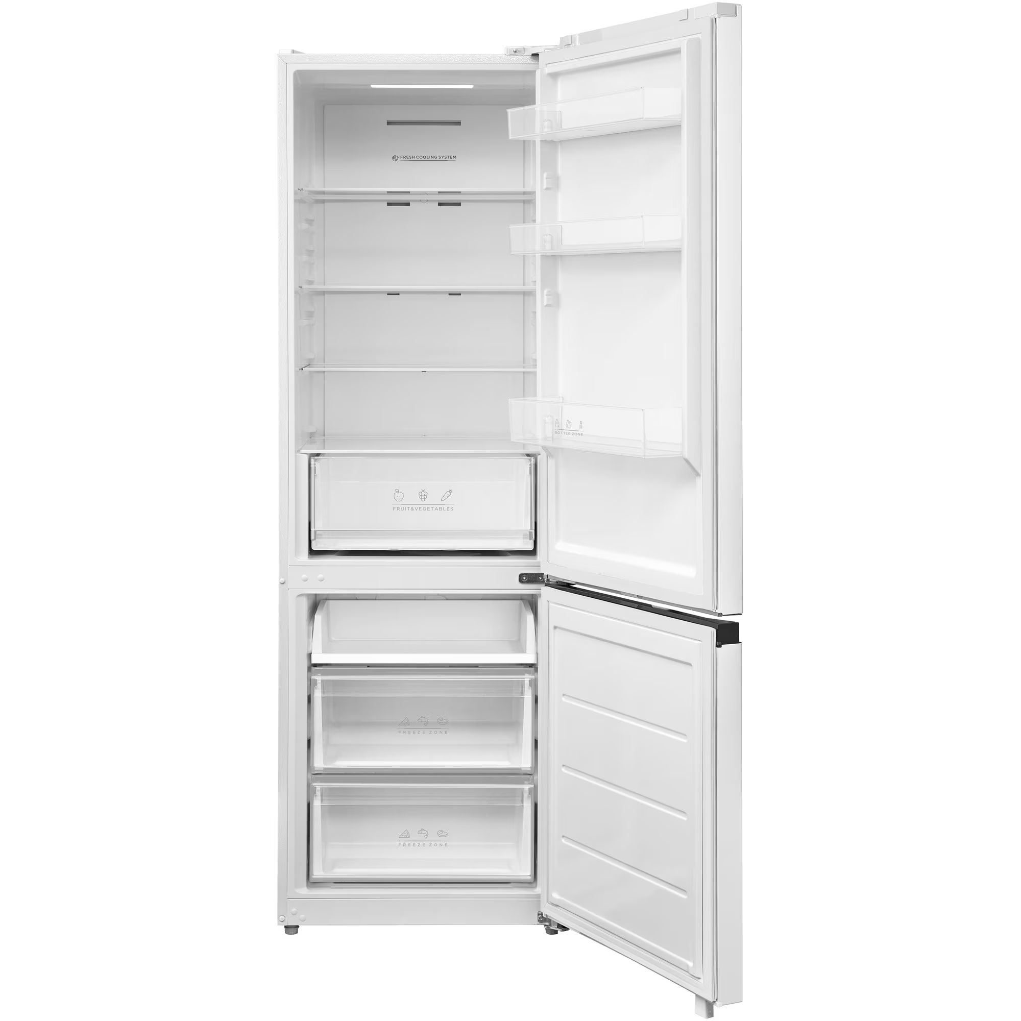 Ein weißer, geöffneter Kühlschrank mit leeren Regalen, Gemüseschublade und Gefrierfächern.
