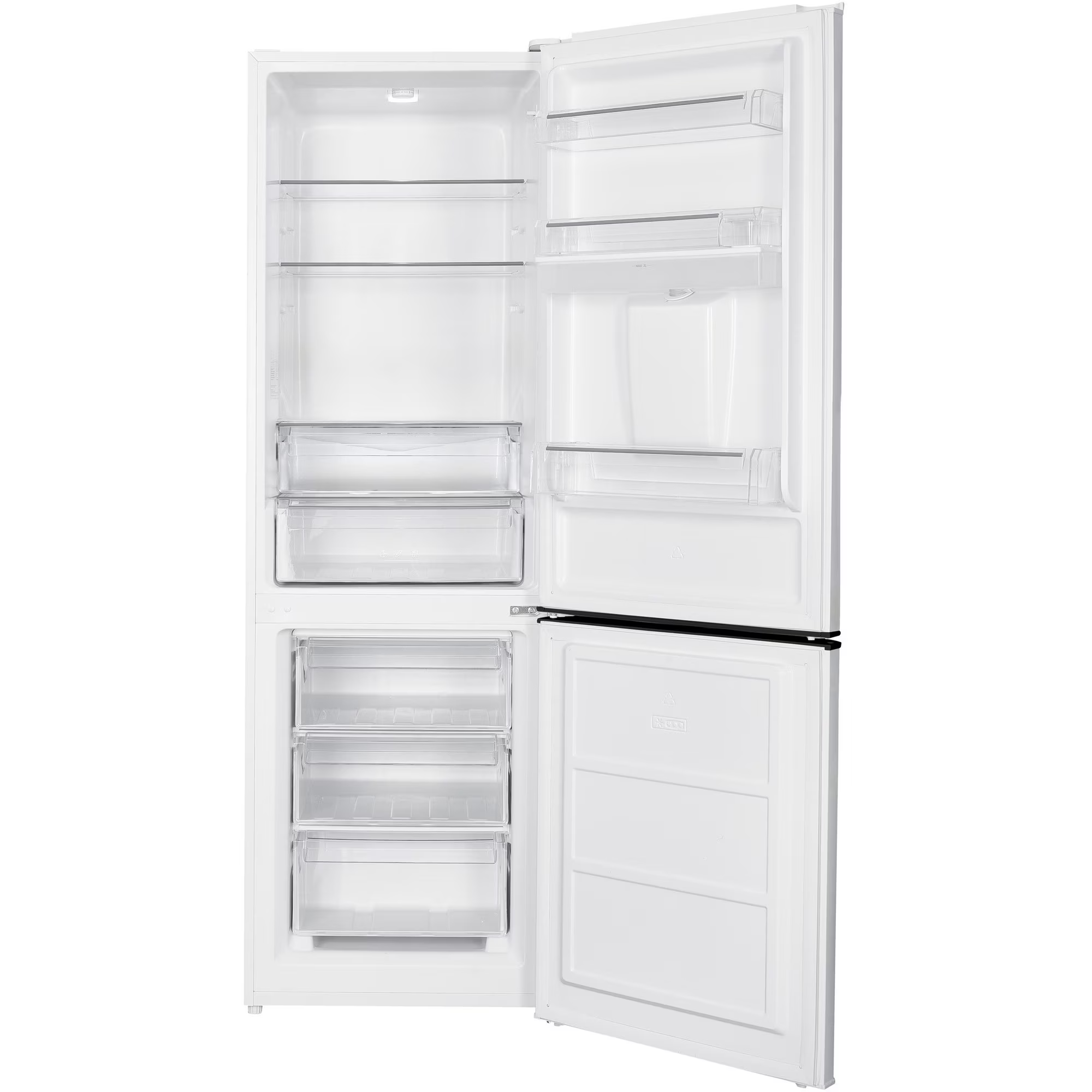 Ein leerer weißer Kühlschrank mit geöffneten Türen, der Glasböden und Schubladen im Inneren zeigt.