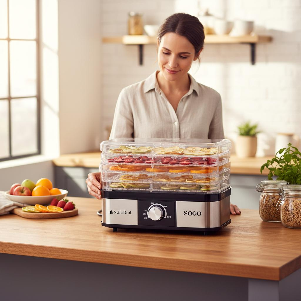 Una donna in cucina utilizza un essiccatore per alimenti SOGO con frutta.