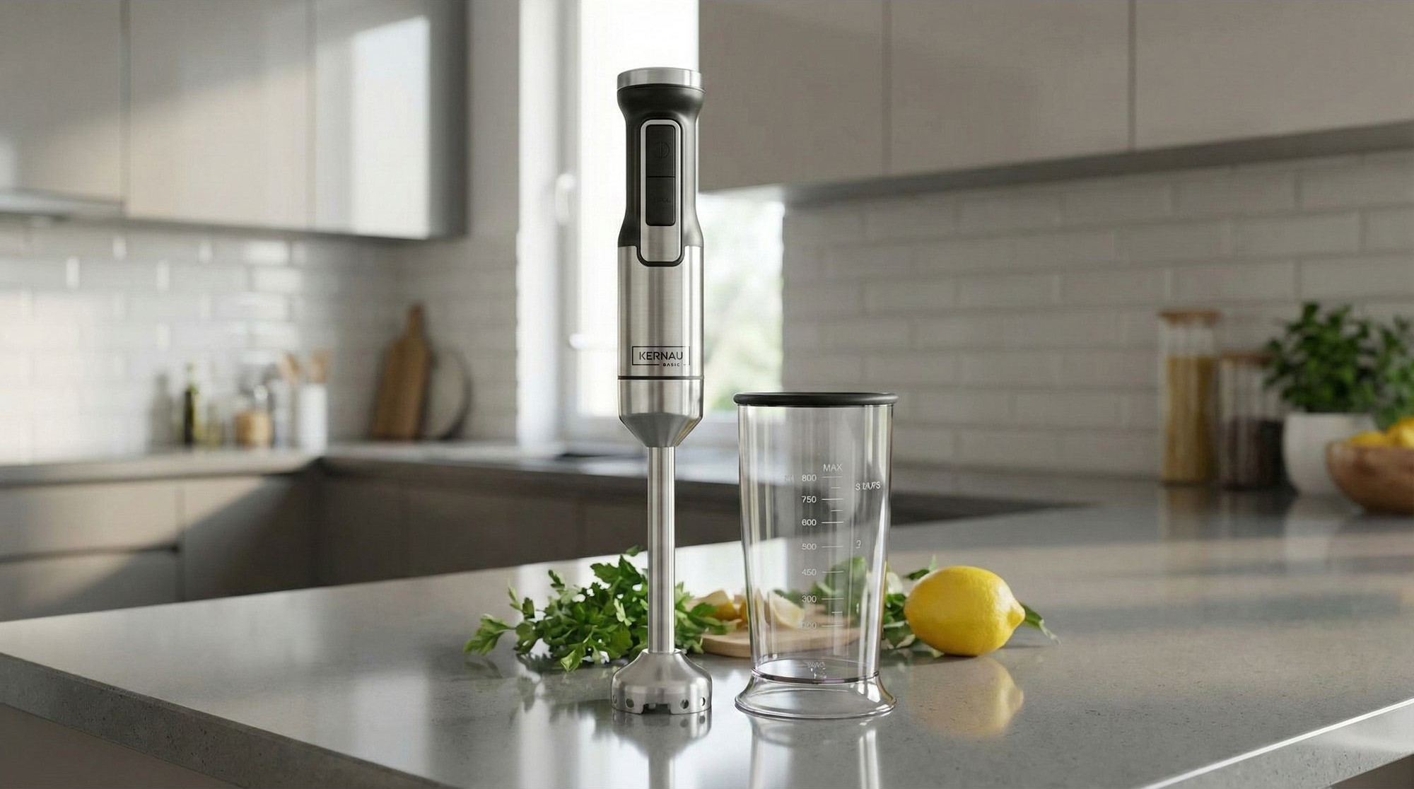Blender ręczny ze stali nierdzewnej i kubek z miarką stoją na blacie kuchennym z cytryną i pietruszką.