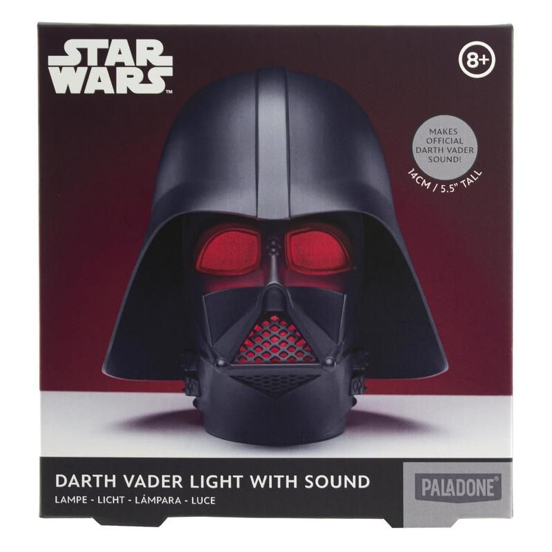 Caja de luz de Star Wars Darth Vader con sonido, con un casco negro de Darth Vader y ojos rojos brillantes.
