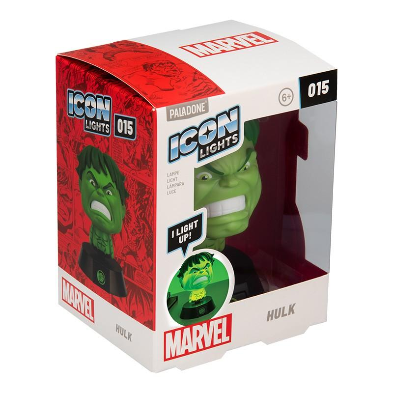 Eine Marvel Hulk Icon Licht-Spielfigur in ihrer weiß-roten Verkaufskartonage.