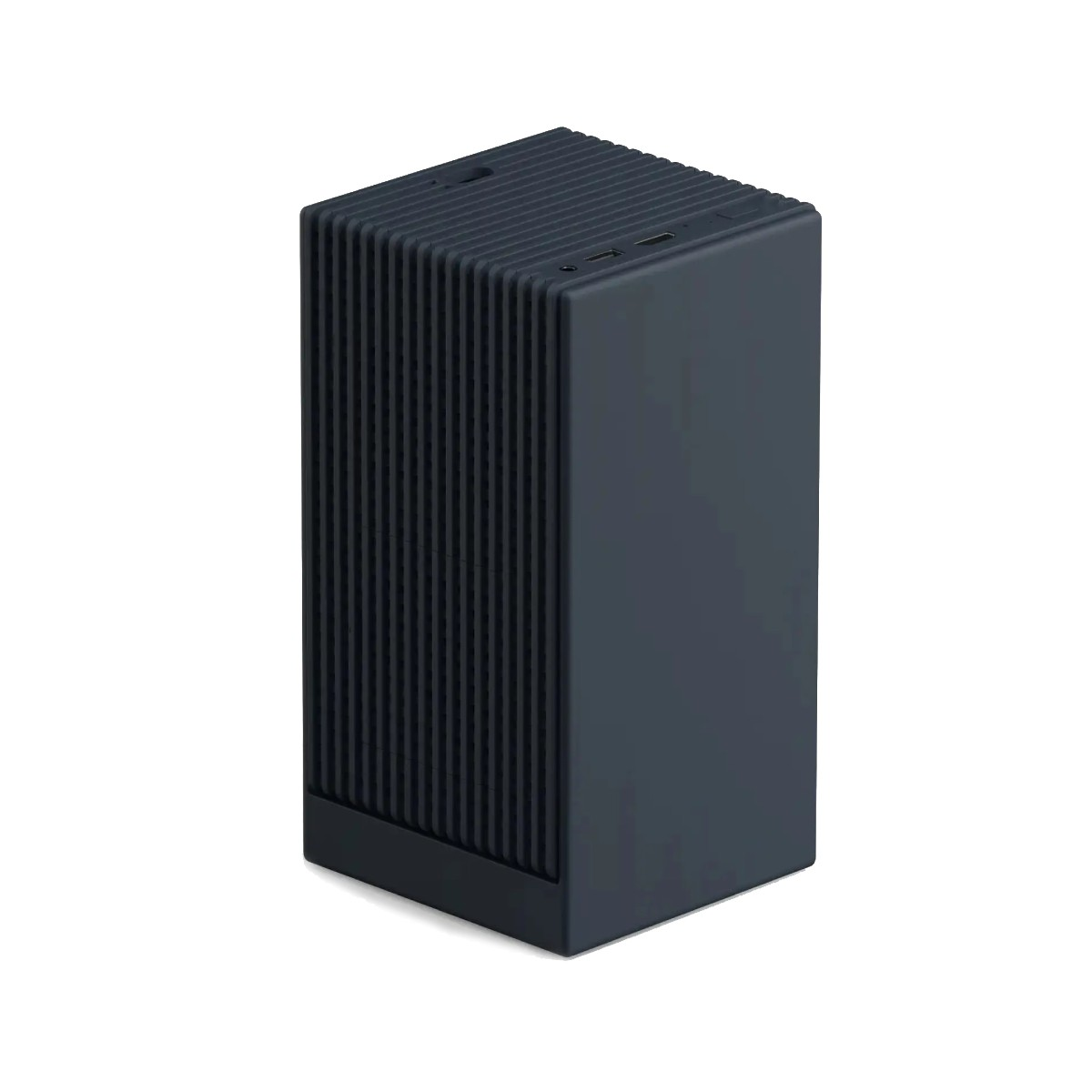 Un dispositivo rectangular vertical gris oscuro con textura acanalada en los lados y puertos en el frente.
