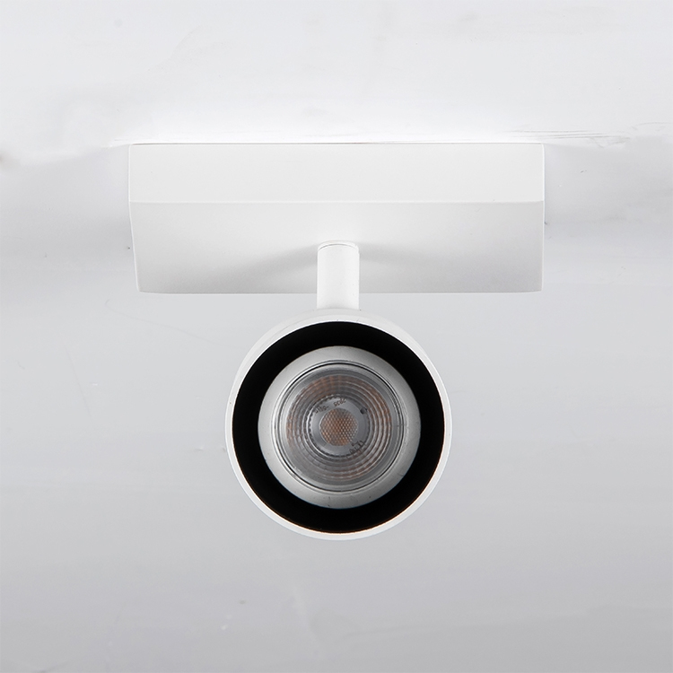 Un foco de superficie blanco contra un techo y fondo blancos y sencillos.