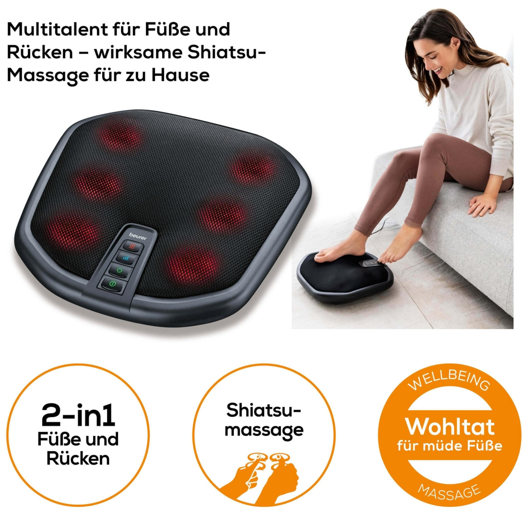 Ein schwarzes Shiatsu-Massagegerät für Füße und Rücken mit roten Leuchtelementen und Bedienfeldern.