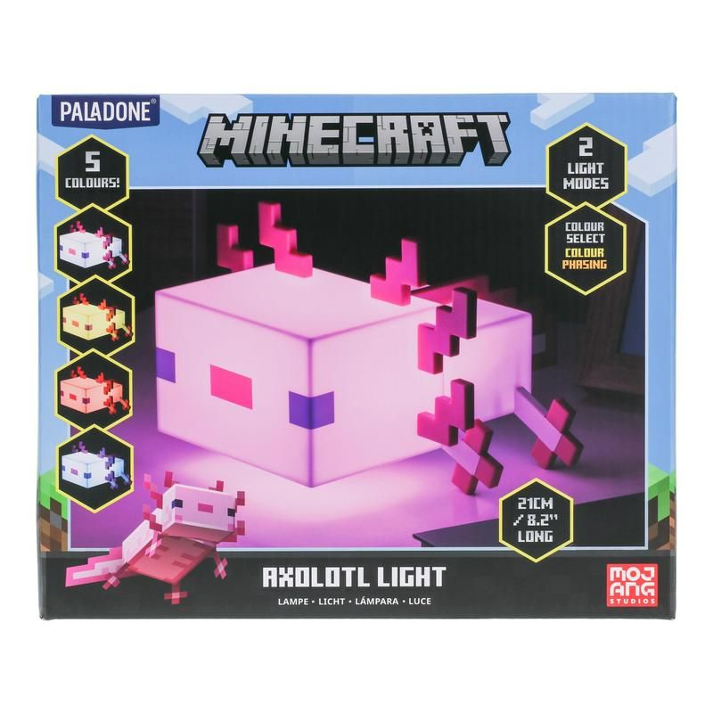 Caja de luz Minecraft Axolotl con una luz nocturna rosa y cuadrada que muestra varios colores.