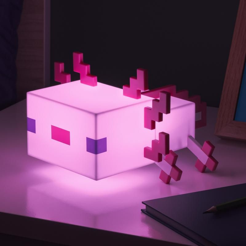 Una lámpara de ajolote rosa brillante con diseño de píxeles descansa en un escritorio junto a un cuaderno.