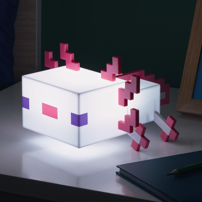 Una lámpara de ajolote pixelada blanca y rosa brilla suavemente en un escritorio junto a un cuaderno azul.