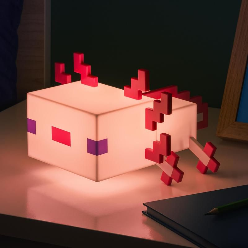 Una luz nocturna de ajolote pixelado en rosa brillante se encuentra en un escritorio blanco junto a un libro y un marco.