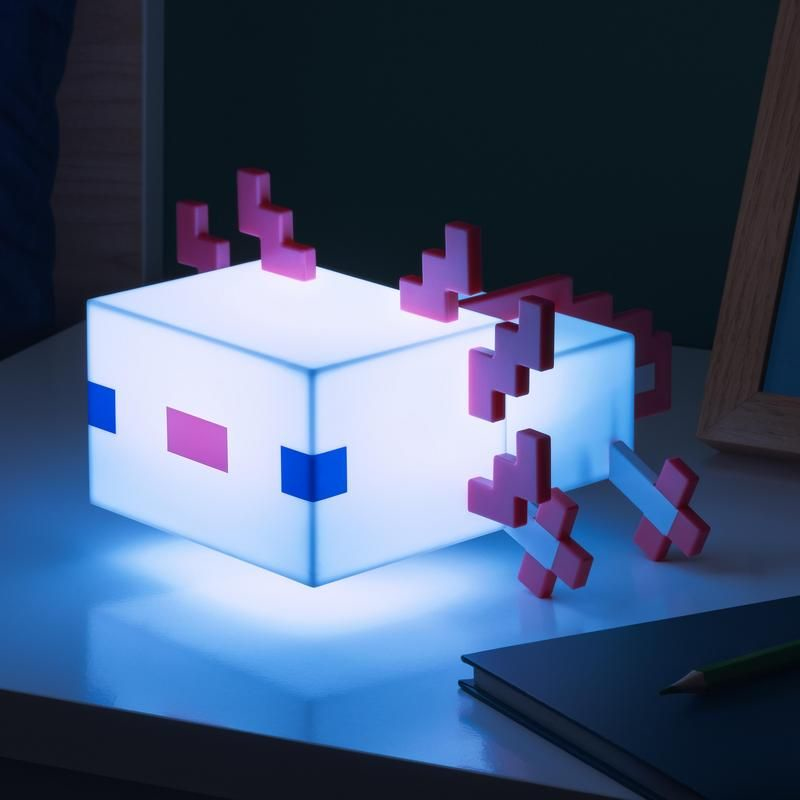 Una lámpara brillante de ajolote de Minecraft sobre una mesa junto a un cuaderno.