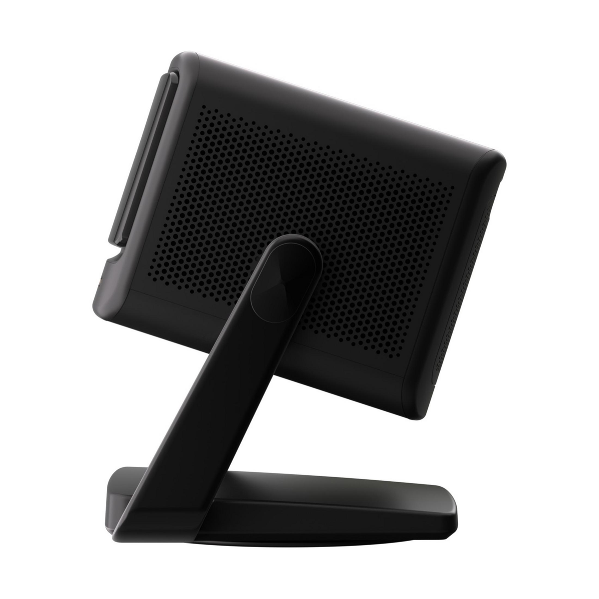 Un dispositivo nero in piedi con retro perforato su un supporto.