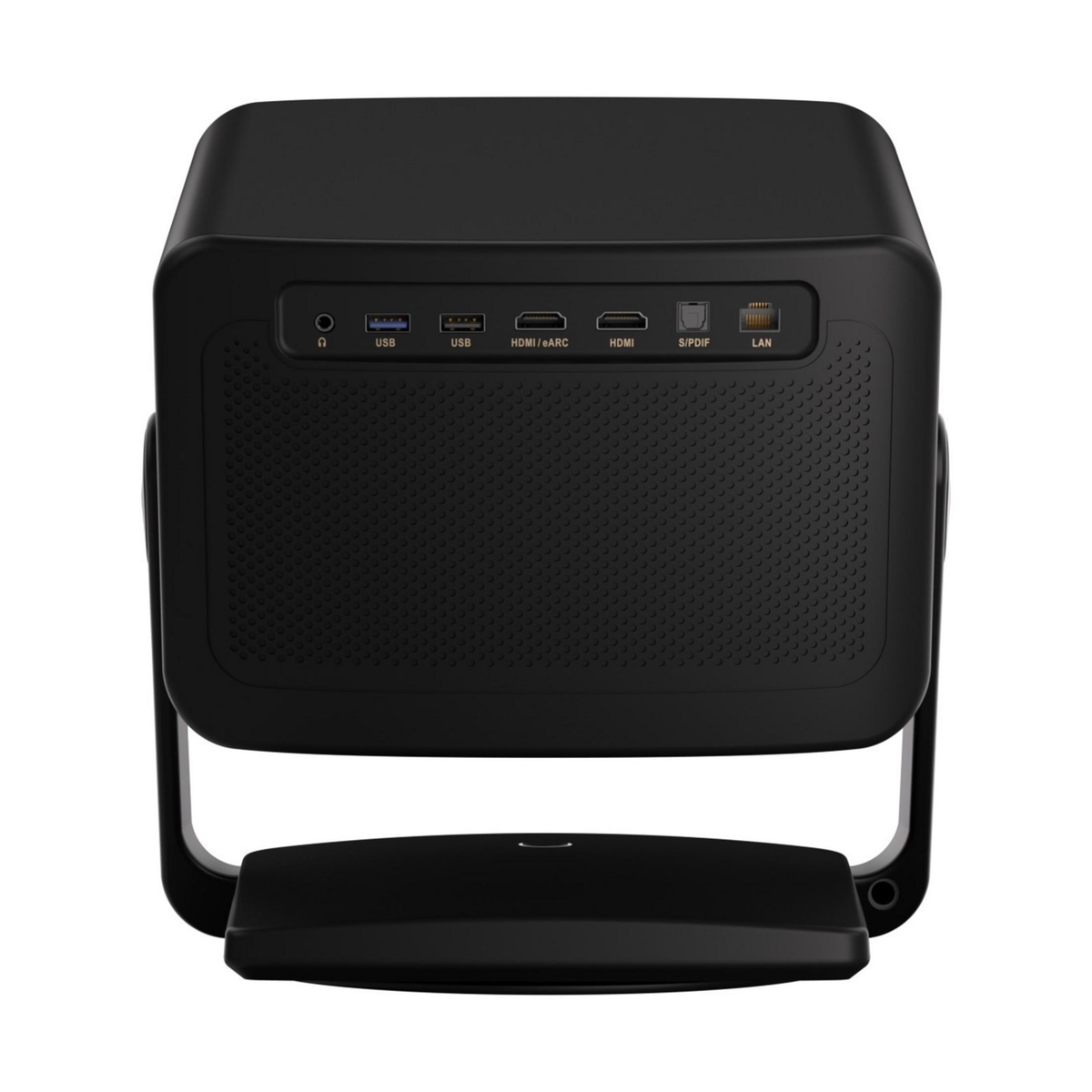 Dispositivo elettronico nero su supporto con varie porte visibili sul retro.