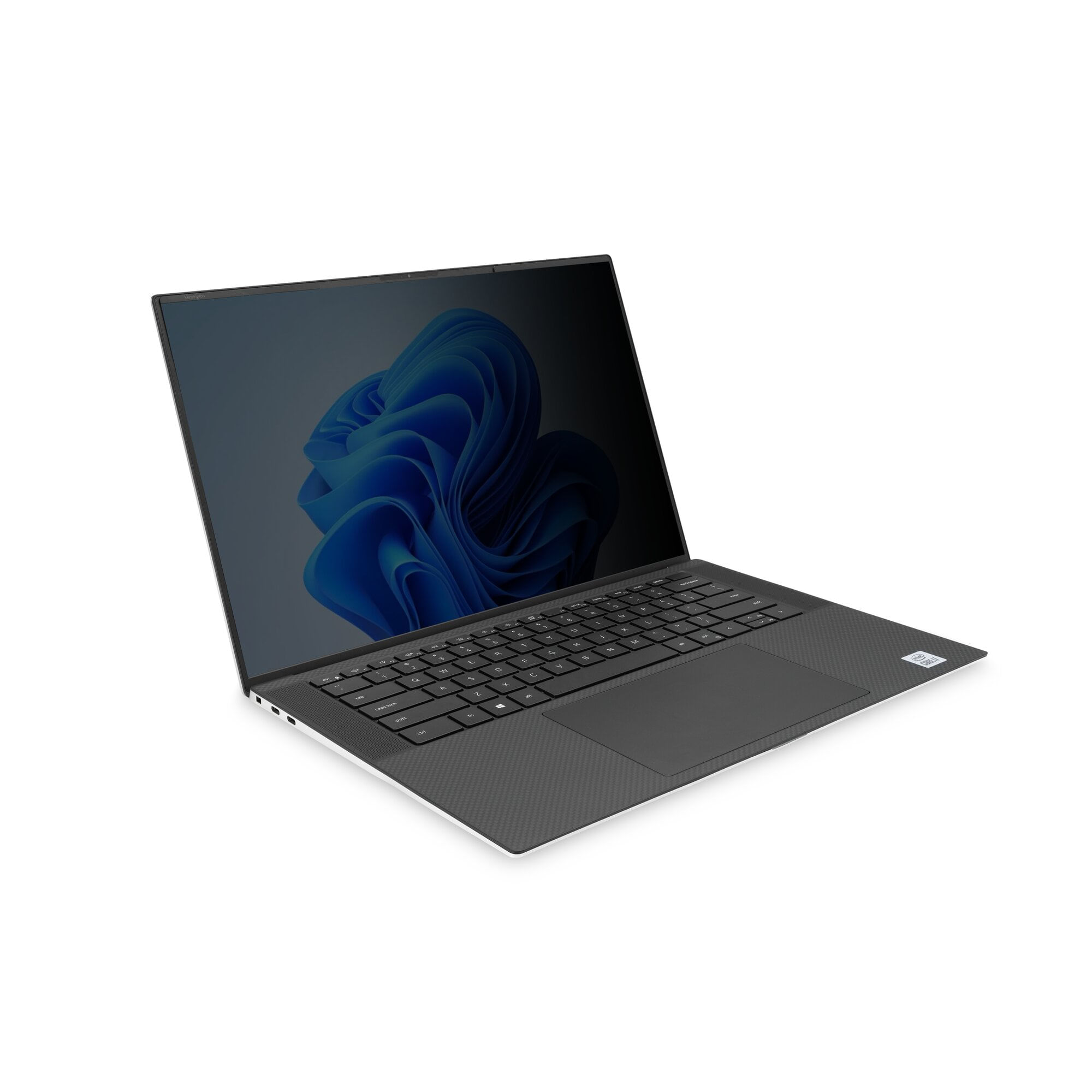 Ein offener Laptop mit dunklem Bildschirm und blauem Wellenmuster, auf weißem Hintergrund.