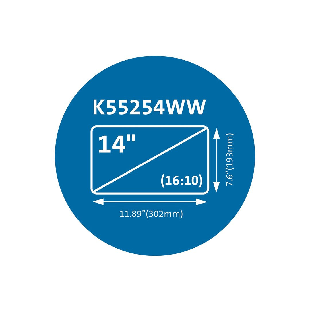 Blaues Kreissymbol mit 14-Zoll-Bildschirmdiagramm, Maßen 11,89x7,6 Zoll und Modellnummer K55254WW.