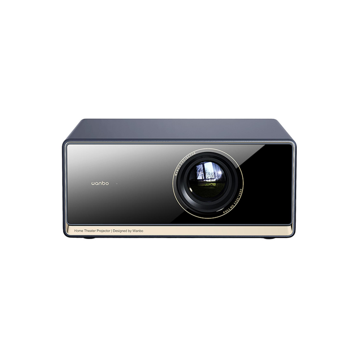 Un proiettore home theater nero con grande lente in vetro a destra, finiture dorate e logo Wanbo.
