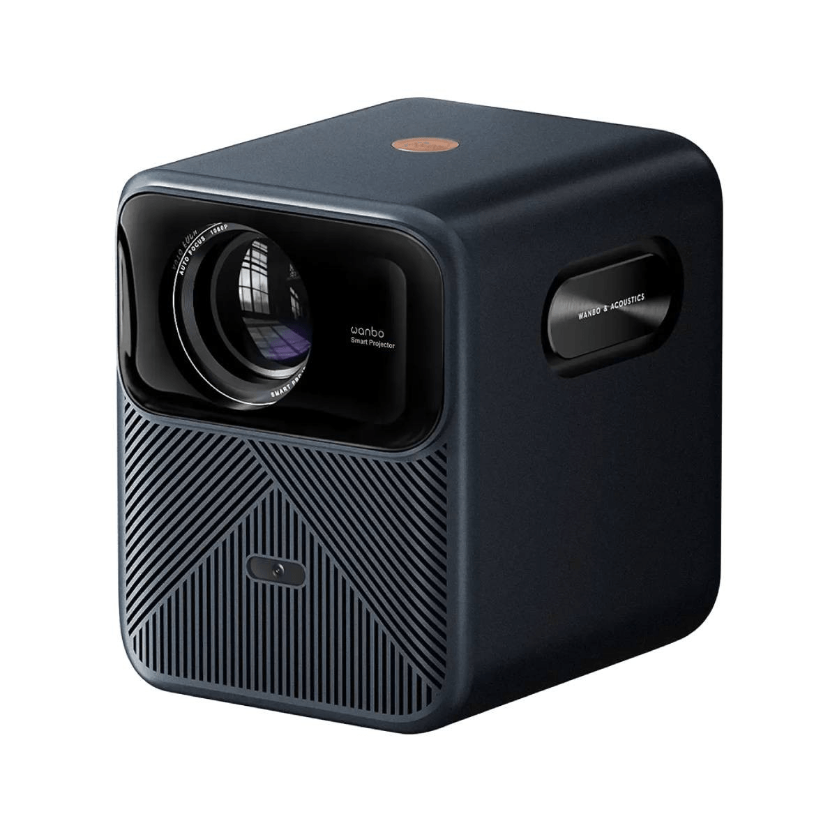 Un proiettore smart blu scuro a forma di cubo con lente frontale prominente e griglia su sfondo bianco.