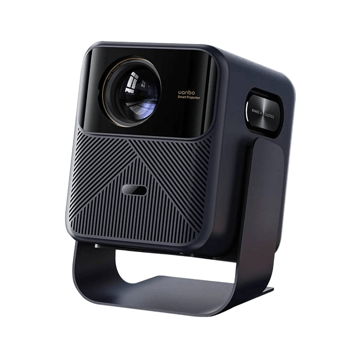 Un proiettore smart blu scuro su supporto a U abbinato, con lente prominente e pannello frontale testurizzato.