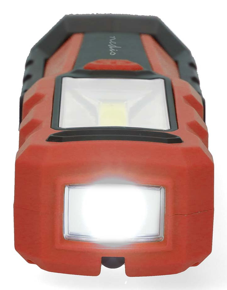 Eine rote und schwarze wiederaufladbare Arbeitsleuchte mit hellem weißen LED-Strahl.