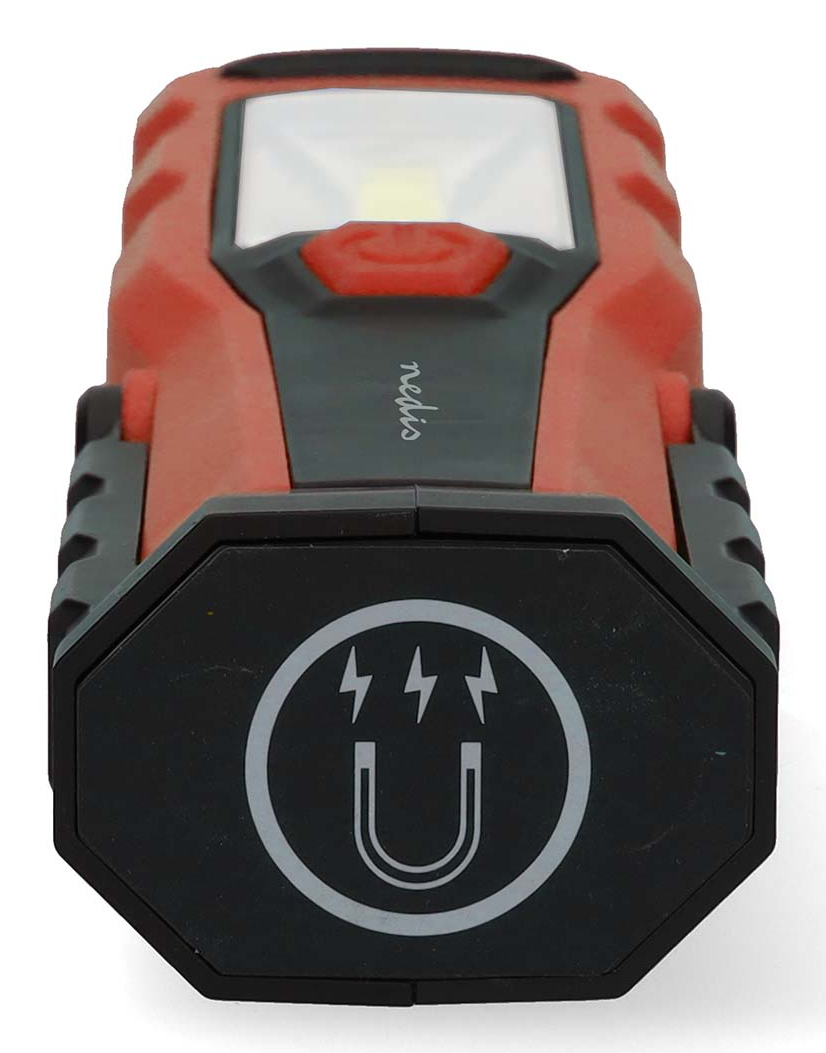 Rote und schwarze Arbeitslampe mit Magnetsymbol auf der Basis und LED-Licht.