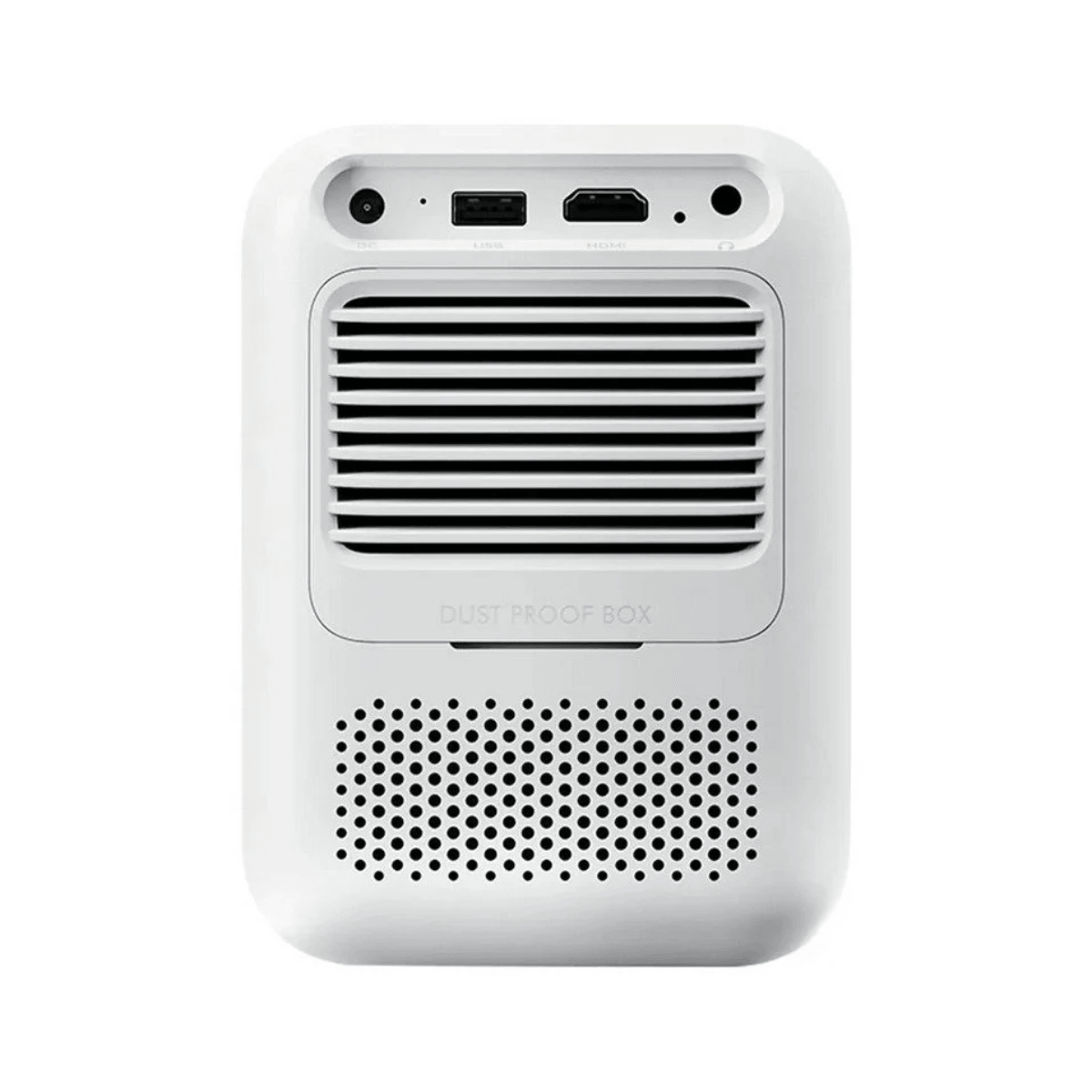 Retro di un proiettore portatile bianco con porte, feritoie di ventilazione e altoparlante.
