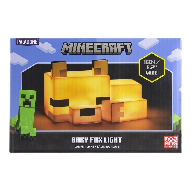 Minecraft Baby Fox Light Produktverpackung mit leuchtender Fuchsfigur und Creeper-Grafik.