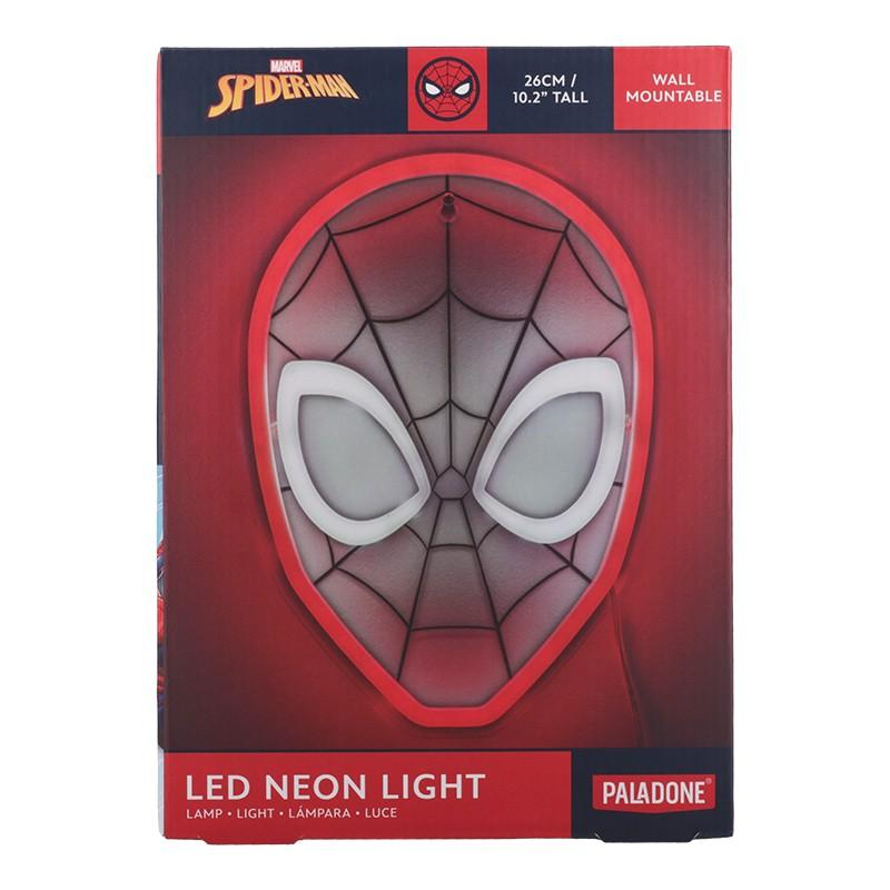 Caja para una lámpara de neón LED de Spider-Man con la lámpara roja en forma de máscara.