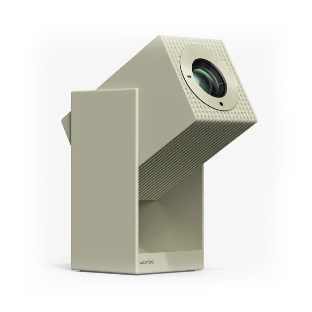 Proyector rectangular beige con soporte, lente frontal y logo Wanbo.