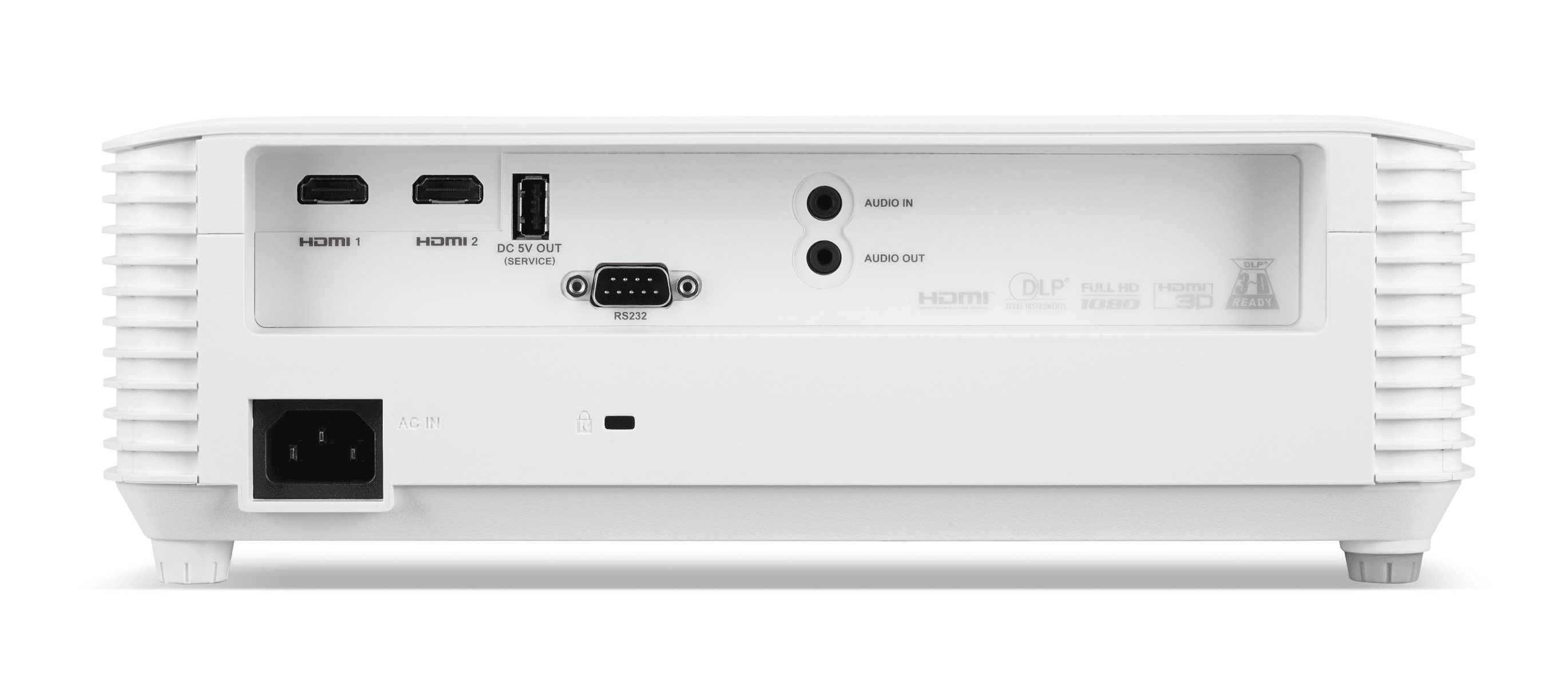 Pannello posteriore di un proiettore bianco con porte HDMI, USB, RS232 e audio.