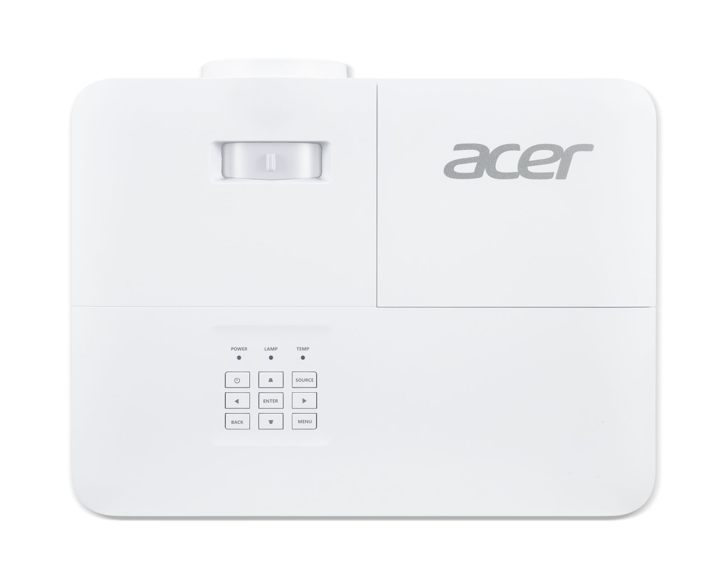 Vista dall'alto di un proiettore Acer bianco con pulsanti di controllo e logo su fondo bianco.