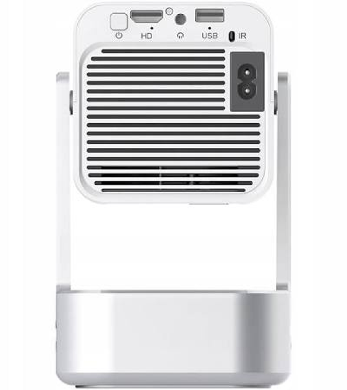 Proiettore bianco su supporto con porte visibili, ingresso di alimentazione e griglie di ventilazione.
