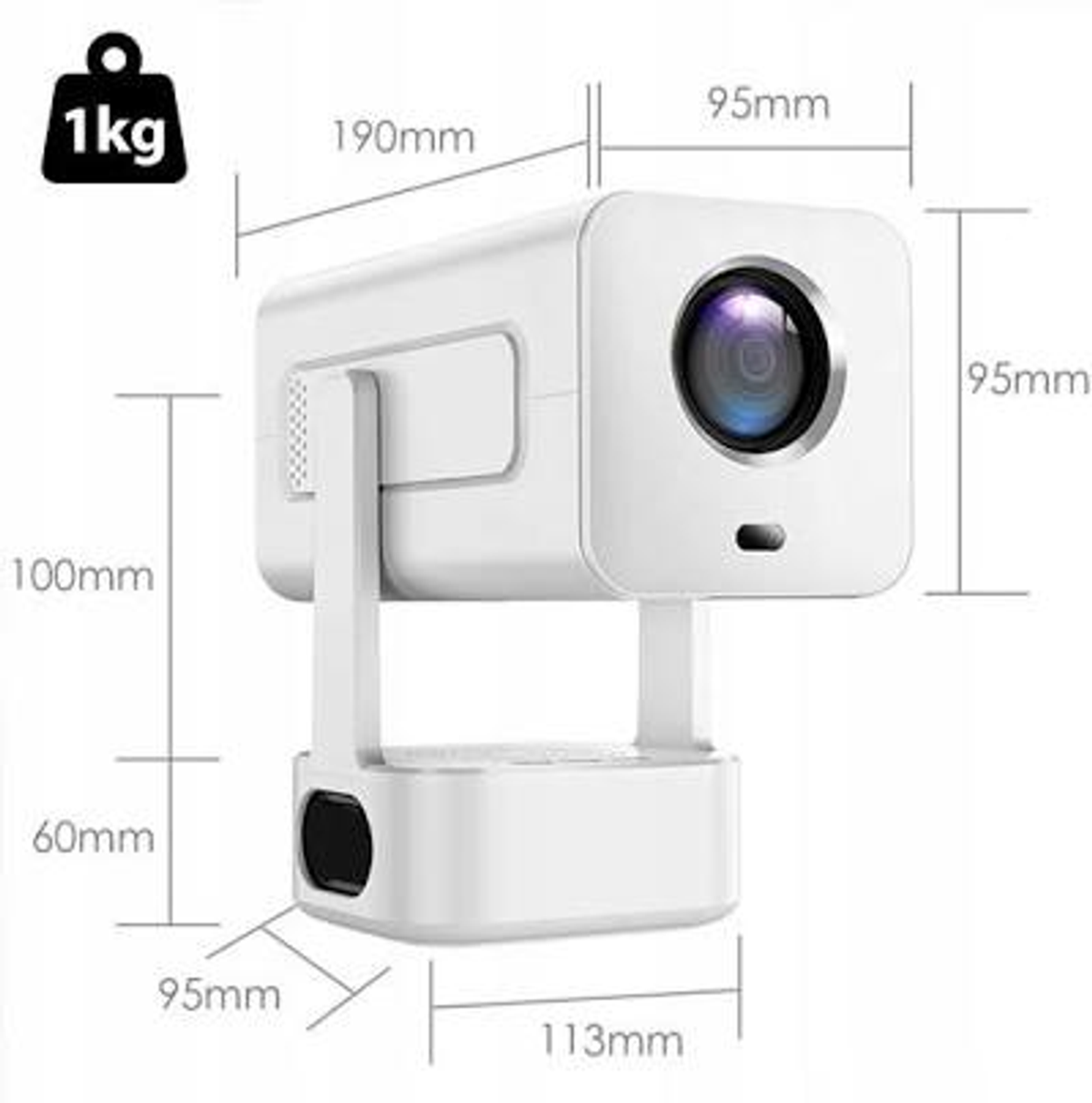 Diagramma di una fotocamera compatta bianca con misure di peso e dimensioni.
