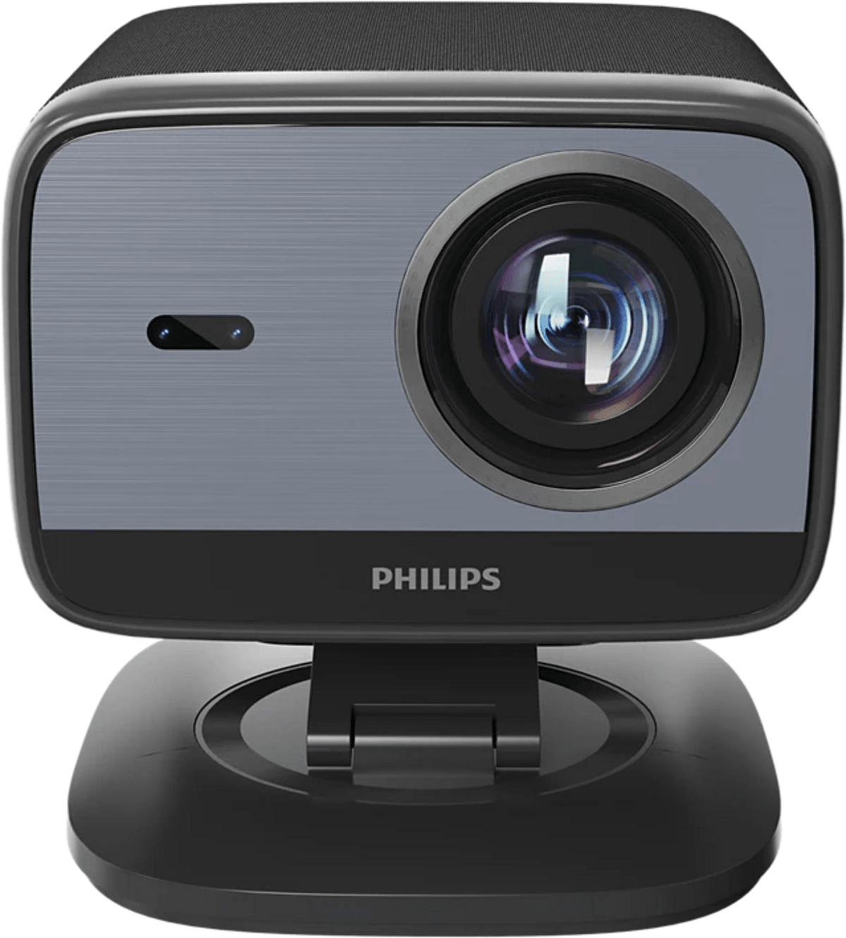 Una webcam Philips grigia e nera su supporto rotondo, con un grande obiettivo e un piccolo sensore.