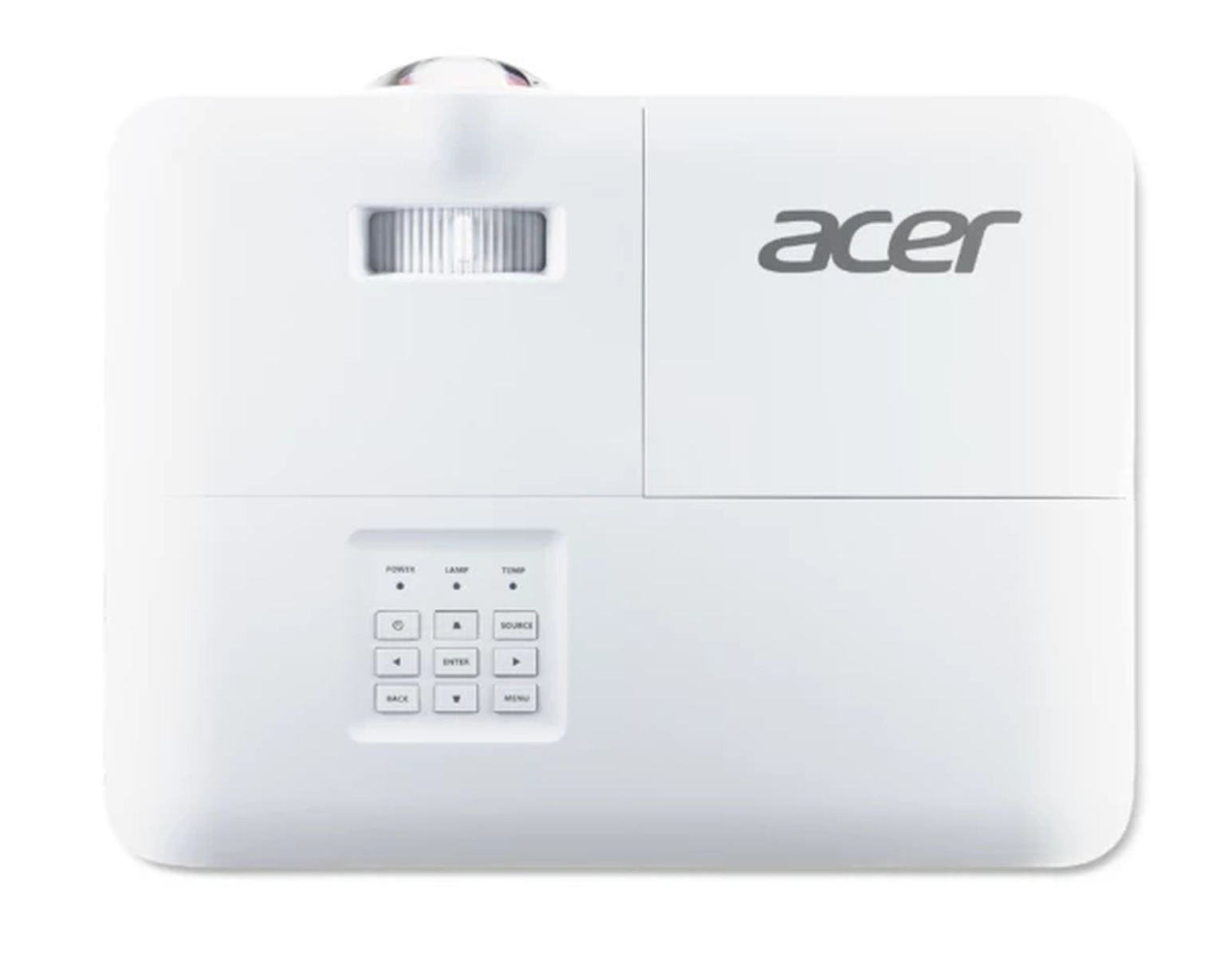 Top-Ansicht eines weißen Acer-Projektors mit Bedientasten und Focus-Rad auf einer weißen Oberfläche.