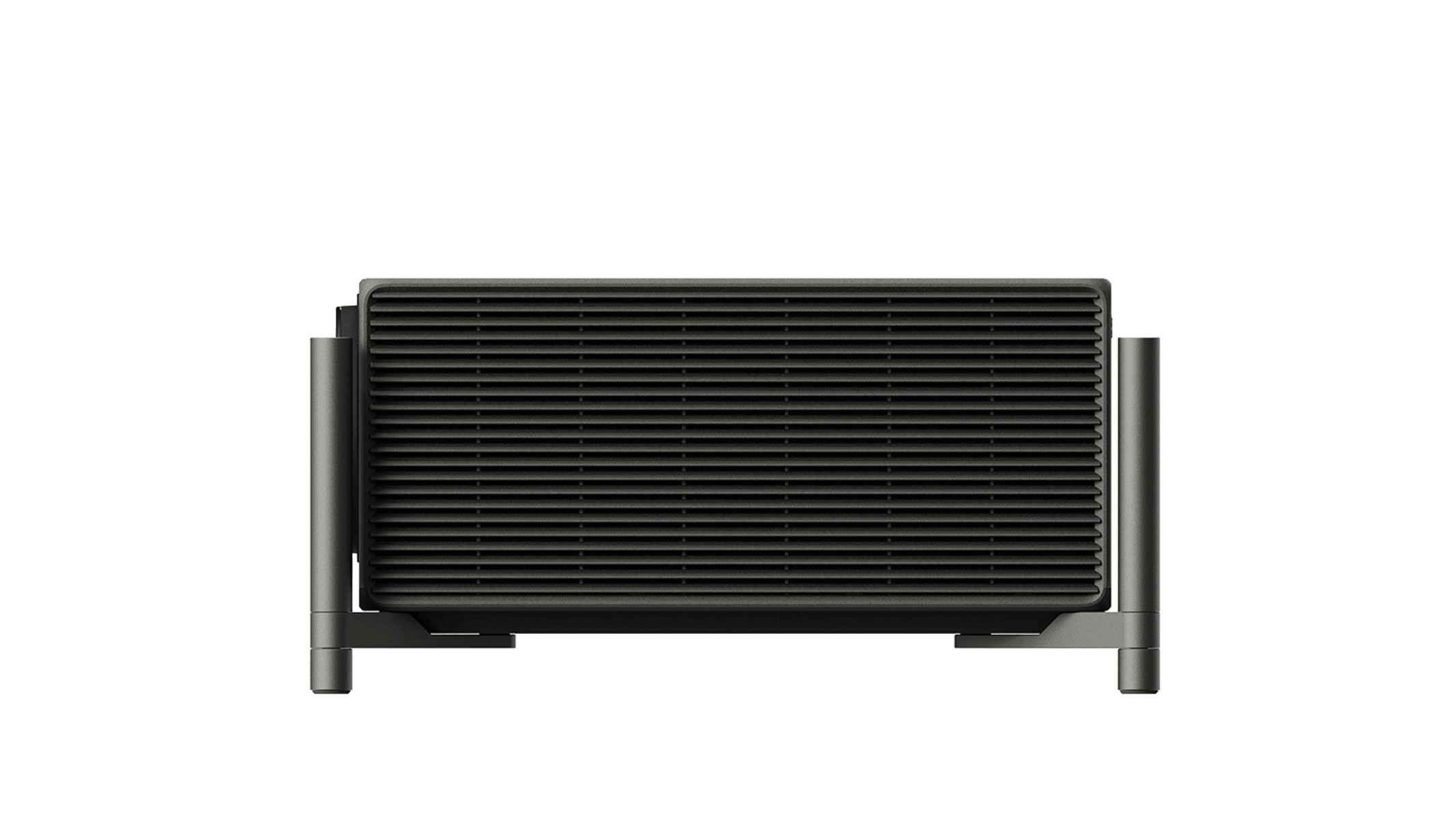 Un dispositivo elettronico nero e scanalato con supporti verticali su fondo bianco.