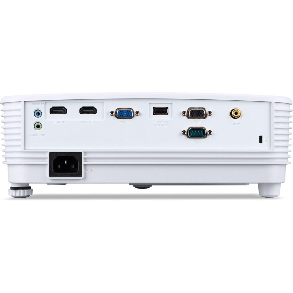 Rückseite eines weißen Projektors mit HDMI-, VGA-, Audio- und Stromeingängen auf weißem Hintergrund.