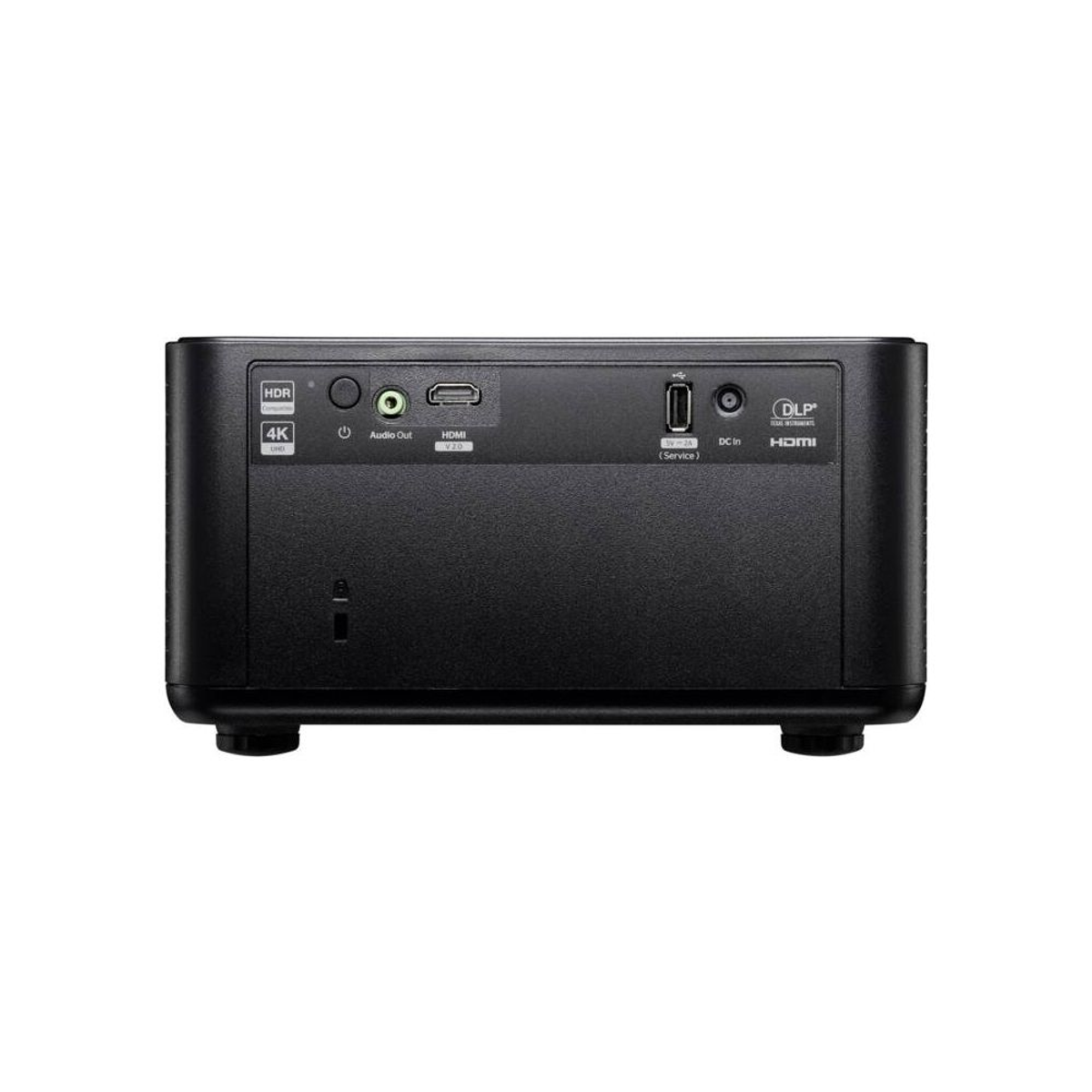 Panel trasero de un proyector negro con puertos de audio, HDMI, USB y DC in.