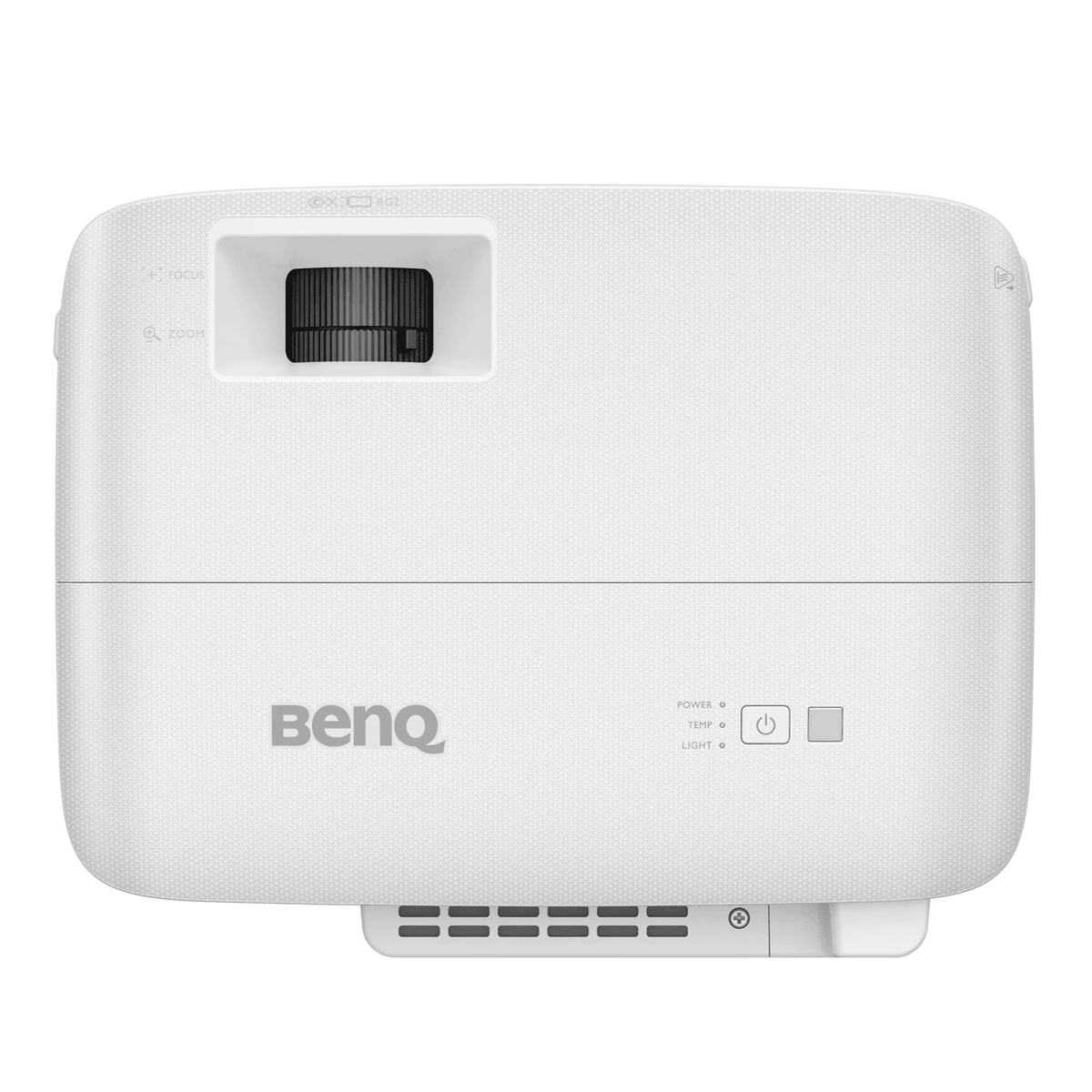 Ein weißer BenQ Beamer von oben mit Objektiv und Einschalttaste.