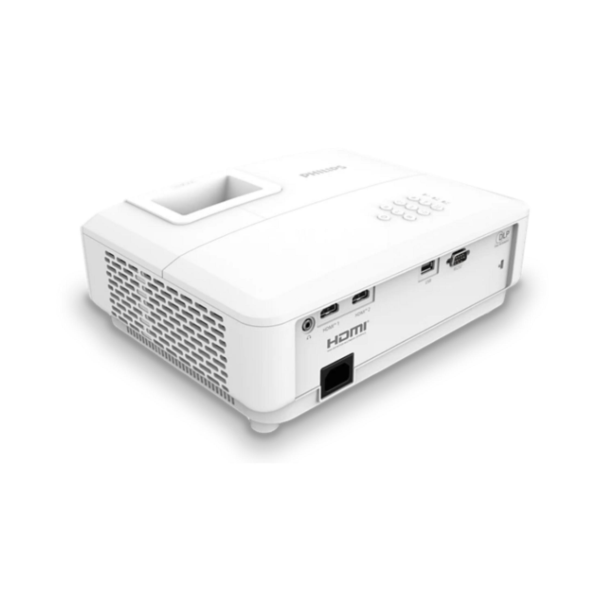 Un proiettore Philips bianco su sfondo bianco mostra porte, griglie e pulsanti.