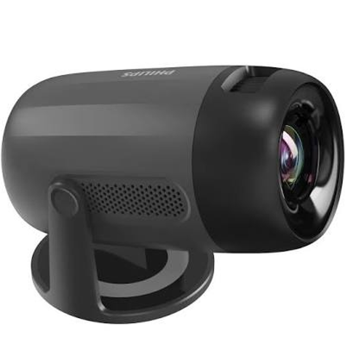 Un proyector portátil Philips negro montado en un soporte giratorio redondo sobre fondo blanco.