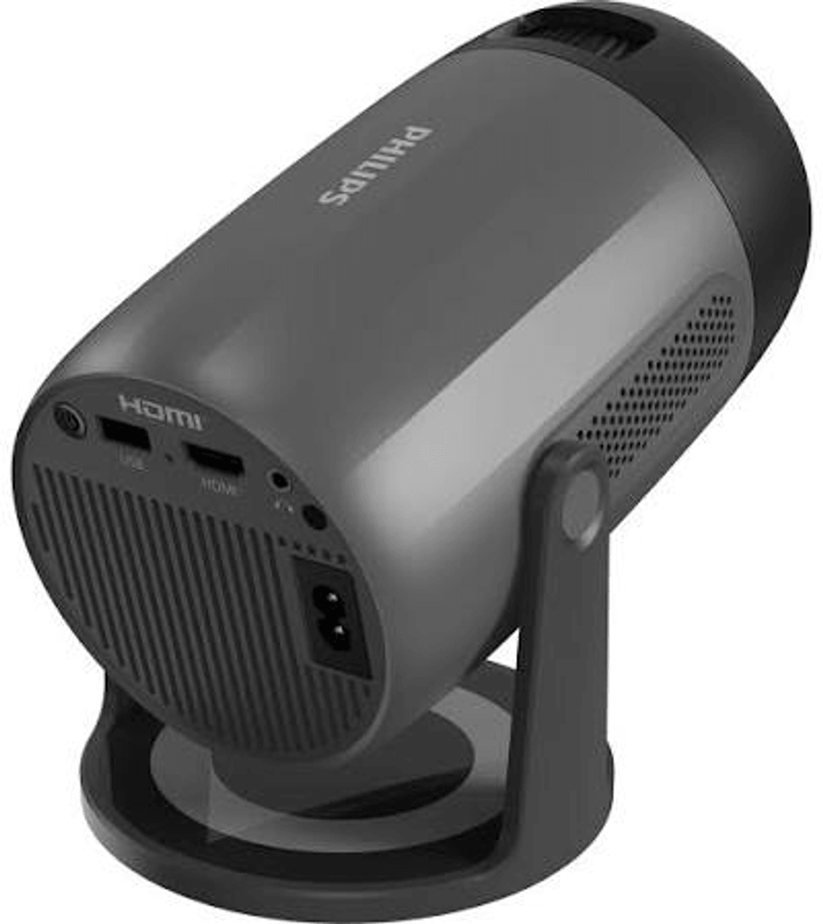 Proyector Philips gris sobre un soporte negro que muestra puertos en el panel posterior.