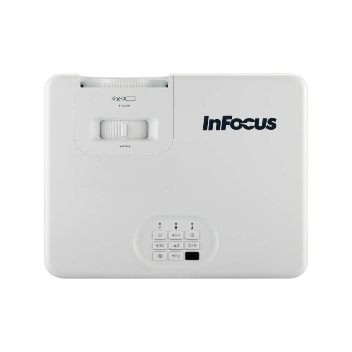 Ein weißer InFocus-Projektor, Ansicht von oben mit Steuertasten, Zoom- und Fokusrädern vor einheitlichem Hintergrund.