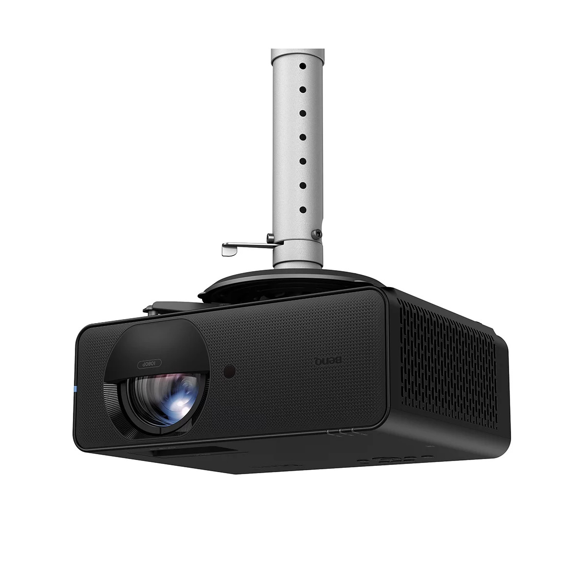 Un projecteur noir fixé à une perche de plafond grise sur fond blanc.
