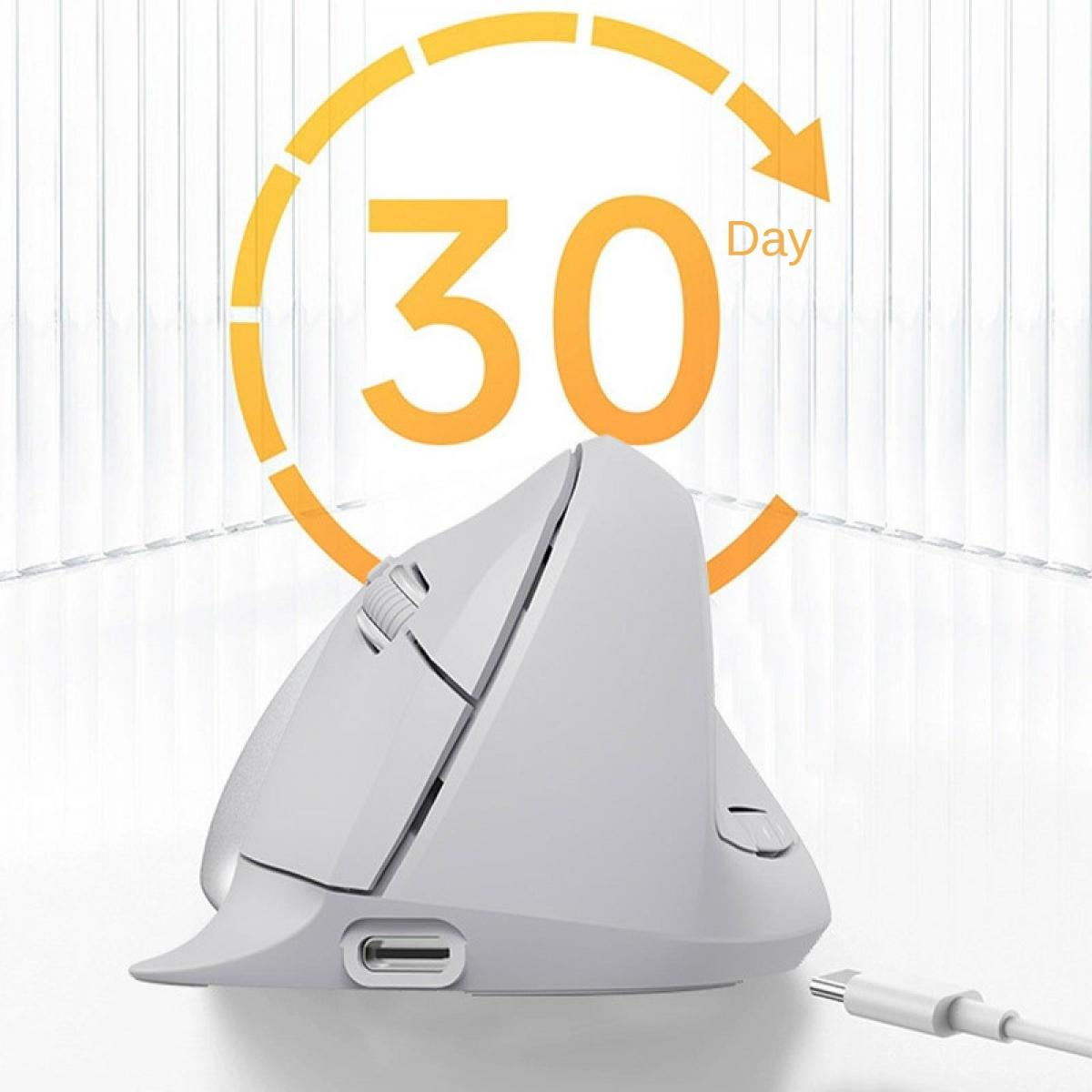 Eine graue ergonomische Maus vor einem Hintergrund mit einem gelben 30-Tage-Symbol und einem USB-C-Kabel.