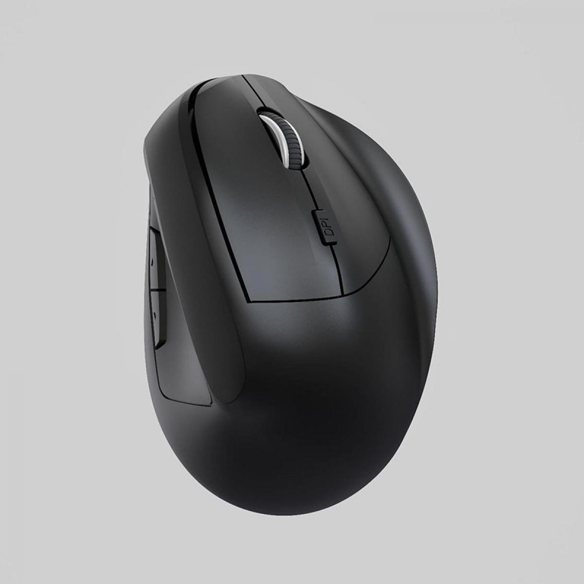 Eine ergonomische schwarze Computermaus auf hellem Hintergrund.