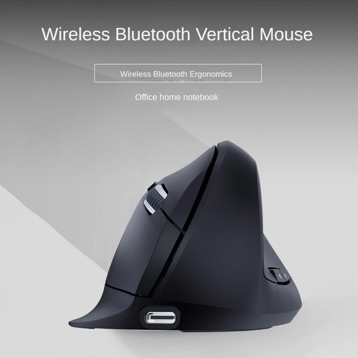 Eine schwarze ergonomische drahtlose vertikale Maus vor grauem Hintergrund mit Text.