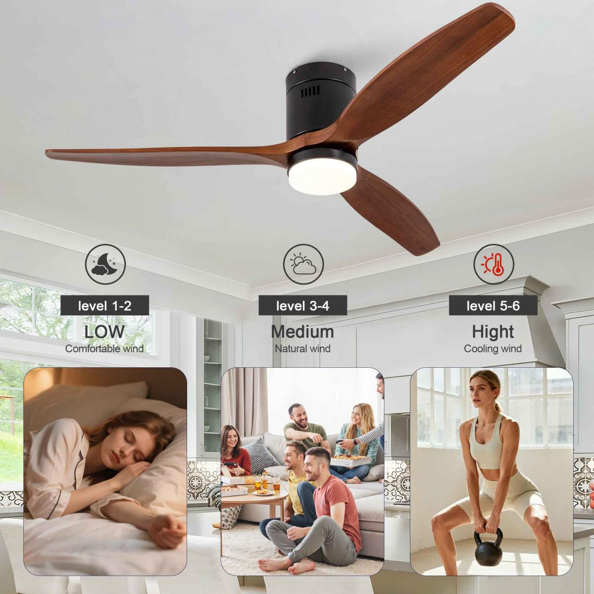Holzdeckenventilator mit Licht und drei Windstufen, gezeigt in verschiedenen Raumszenen.