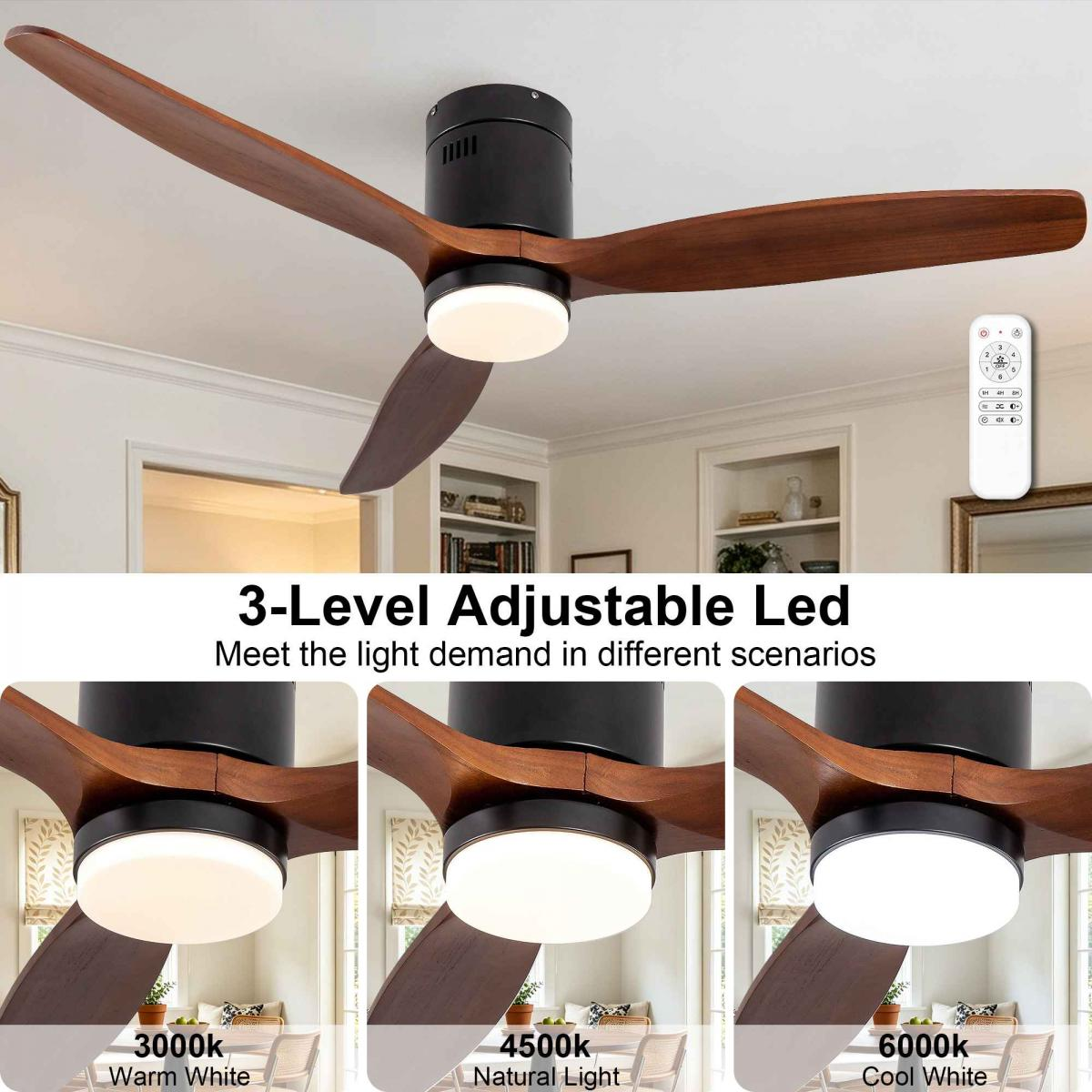 Ein schwarz-holzfarbener Deckenventilator mit LED-Licht und Fernbedienung, drei Farbtemperaturen.