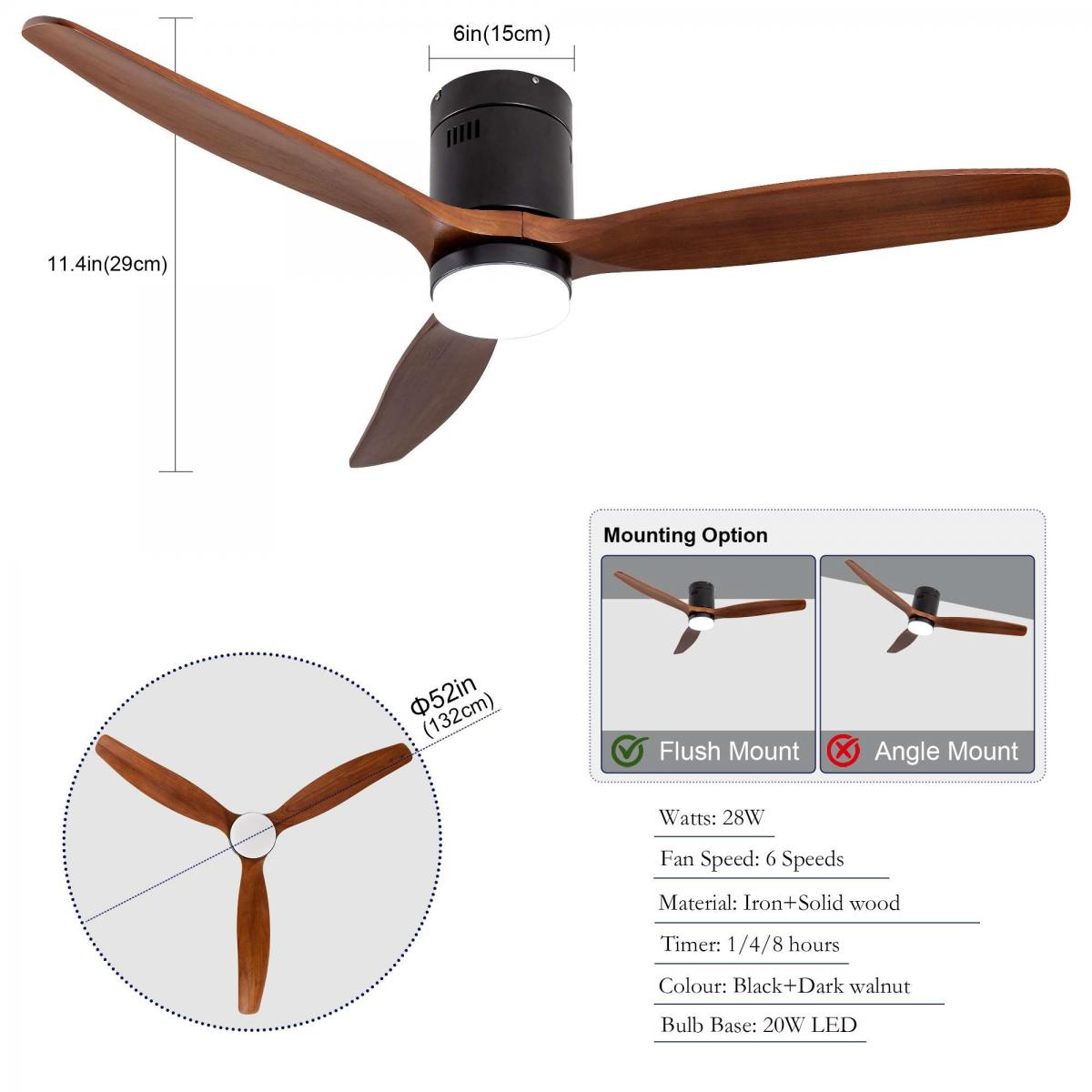 Diagramm eines Deckenventilators mit HolzbLättern, schwarzem Gehäuse, integrierter LED-Leuchte und Maßen.