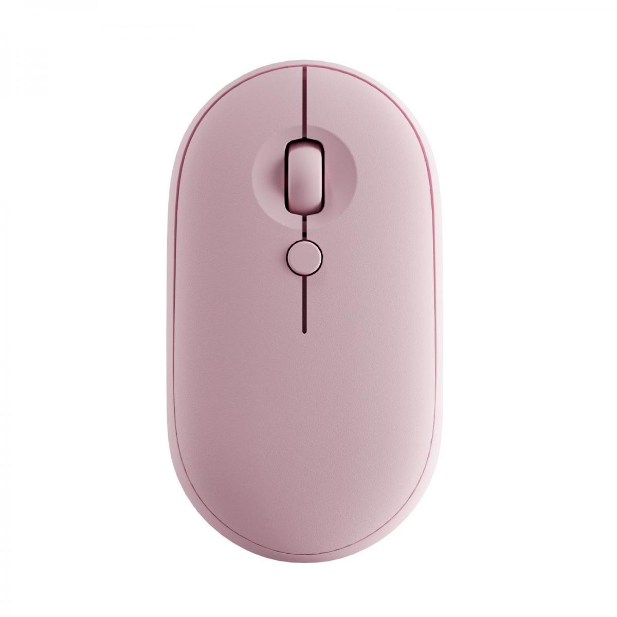 Eine matte, hellrosa Computermaus auf weißem Hintergrund mit Scrollrad und runder Taste.